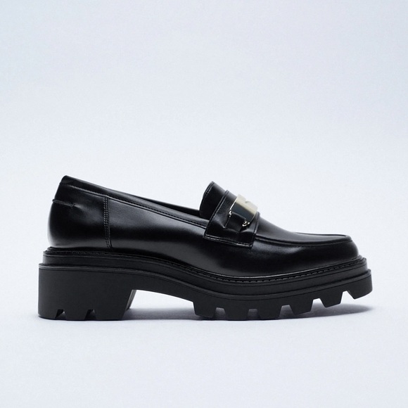 Zara Lug sole loafers with topstitching detail and decorative buckle.